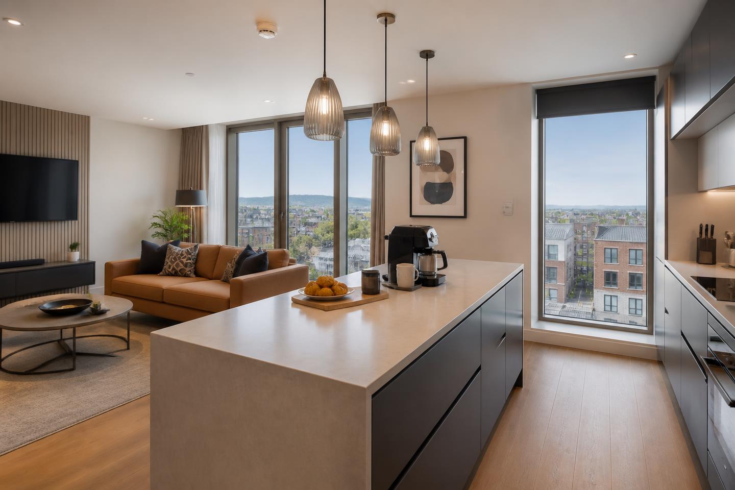 Modern kitchen and living area in a serviced business apartment