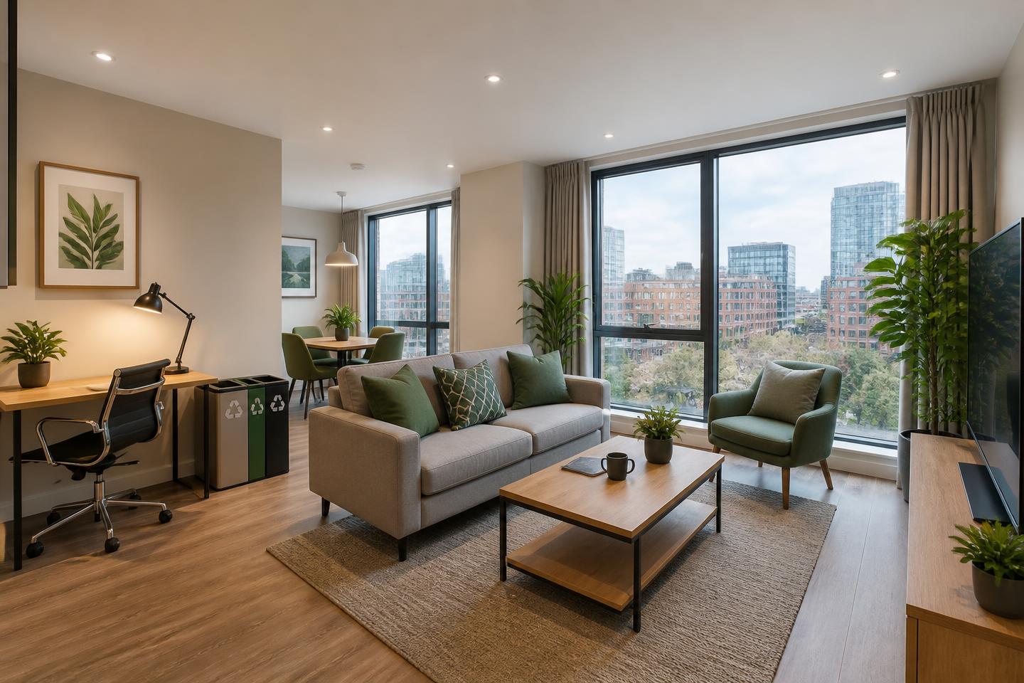 Sustainable business apartment in Manchester with plants, recycling station, LED workspace lamp and natural daylight