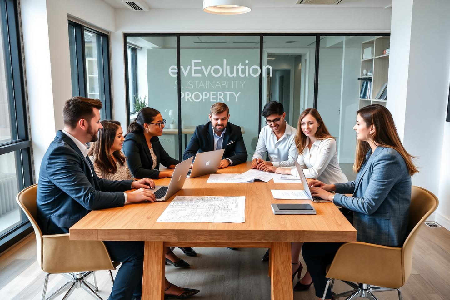 The Evolution Sustainability Property team collaborating around a meeting table in a bright modern office