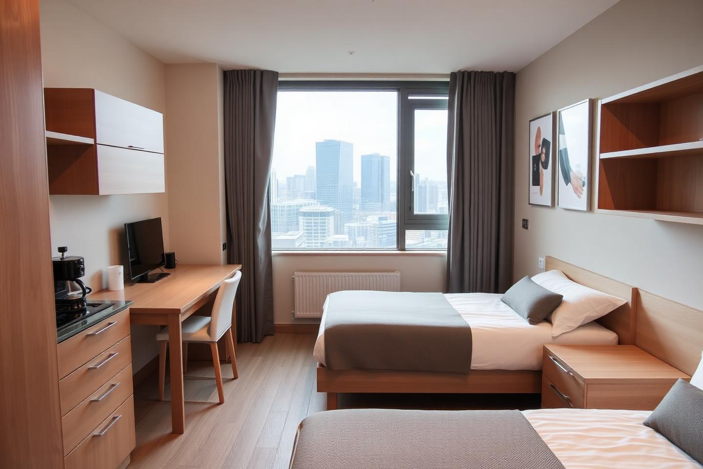 Modern contractor accommodation in Manchester with comfortable beds, workspace and city views