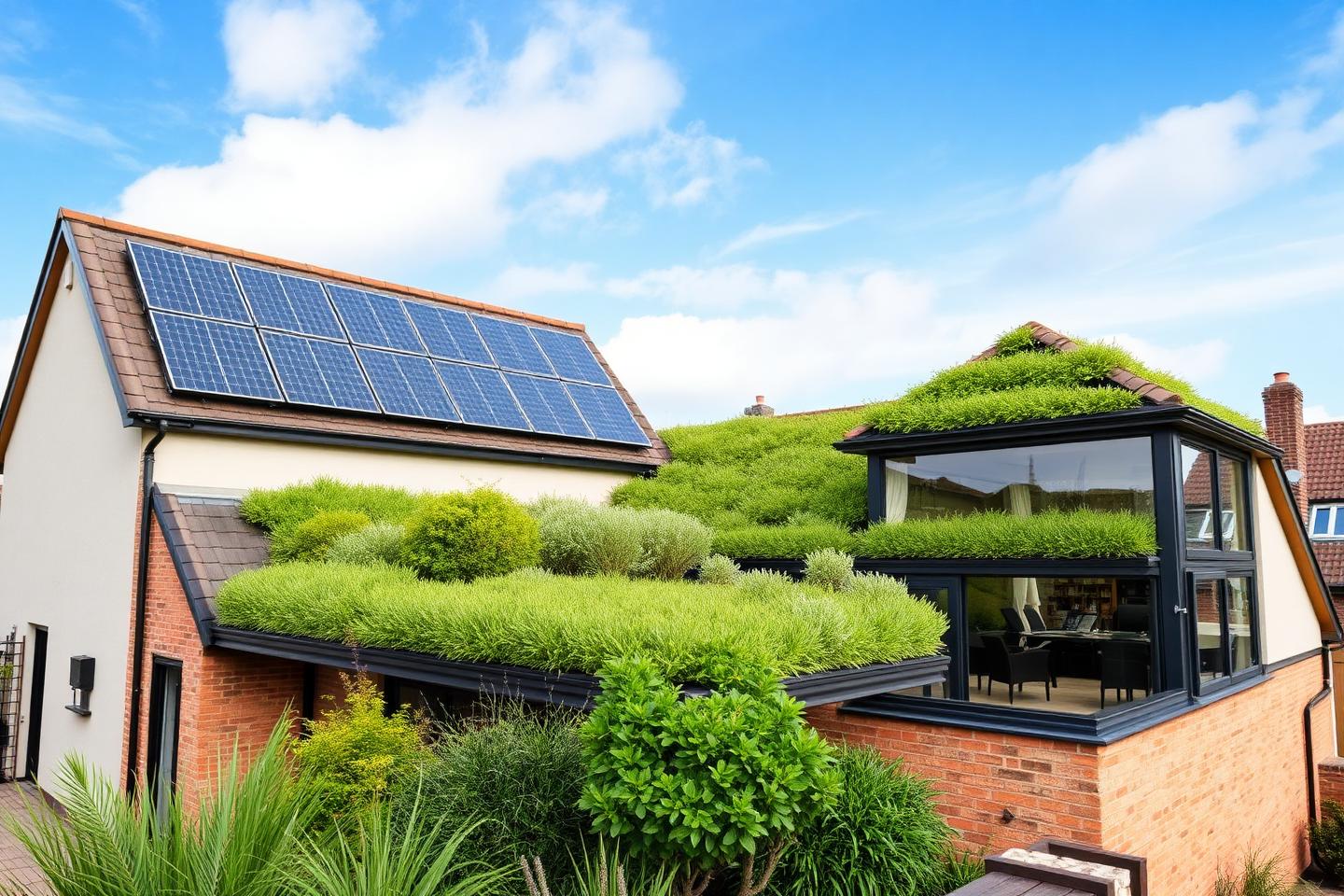 A sustainable UK property with solar panels, green roof and native planting under a bright blue sky